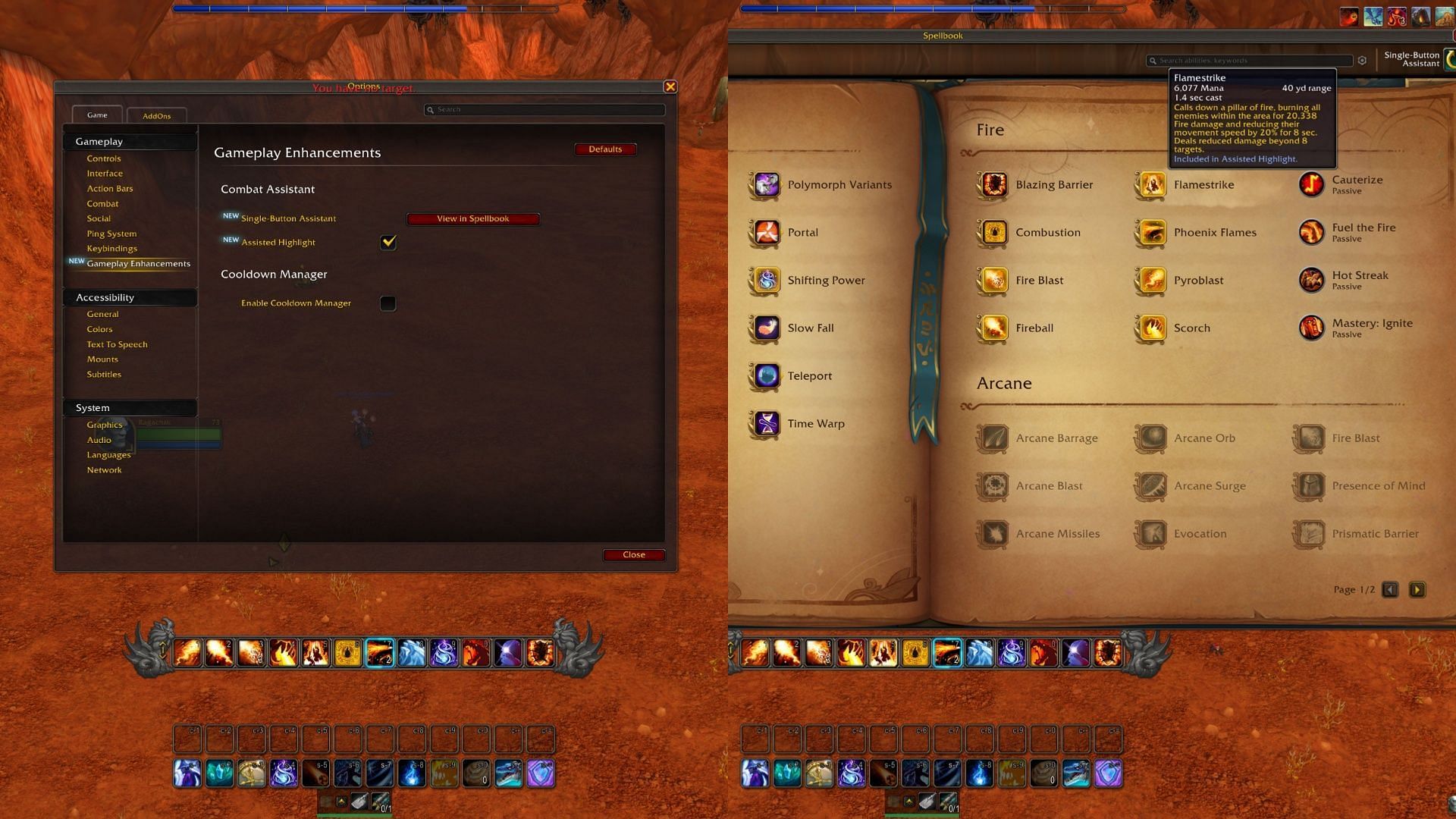 Left: Where you'll find the option. Right: Look for the gold-bordered spells/abilities (Image via Blizzard Entertainment)